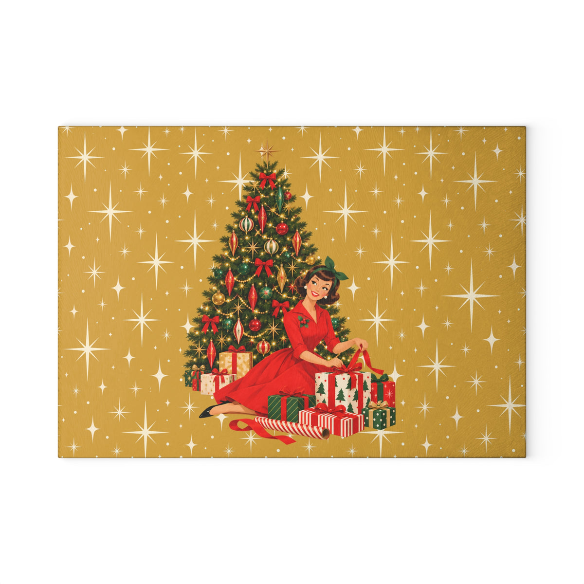 Mid Century Modern Christmas Glamour Gal Wrapping Presents by Tree, Gold Atomic Starbursts Glass Cutting Board