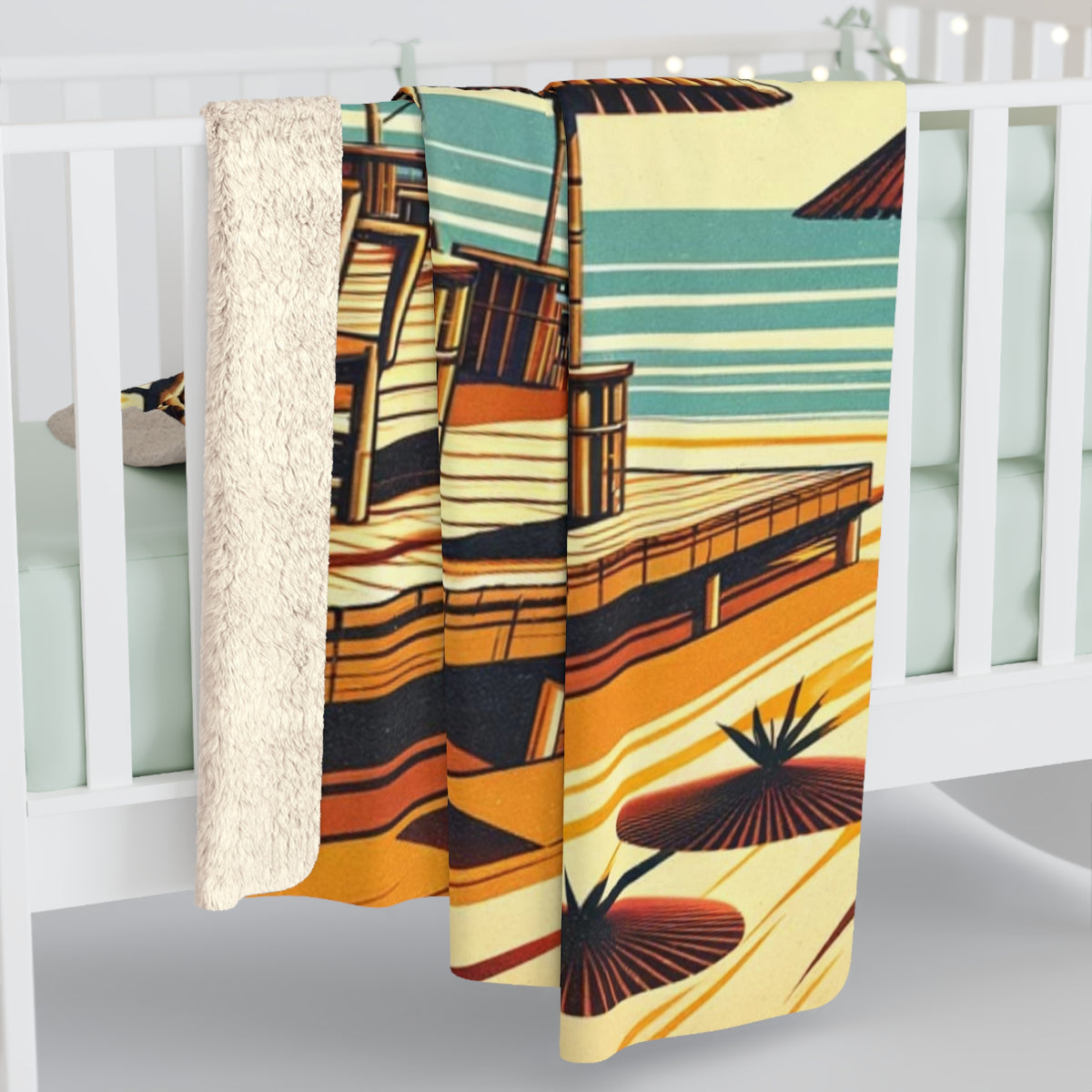 Mid Century Modern Retro Tiki Idol, Tiki Bar, Sunset Beach, MCM Sherpa Fleece Blanket - Mid Century Modern Gal
