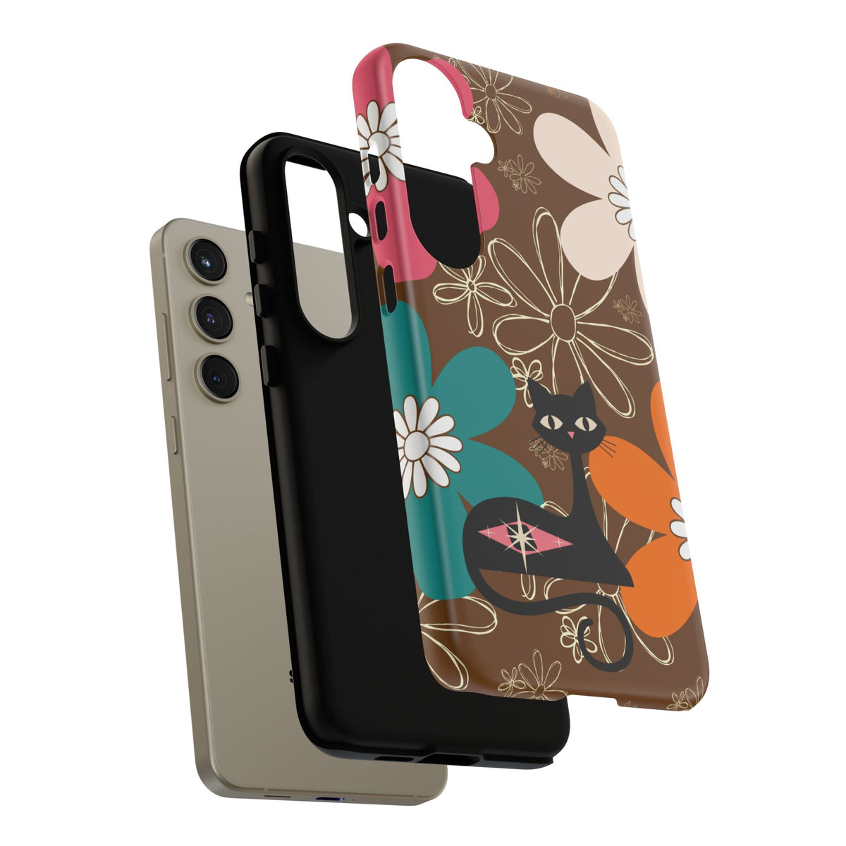 Atomic Cat Retro 70s Vibe Flower Power Tough Cases: Cute Floral and Cat Phone Case for Cat Lovers