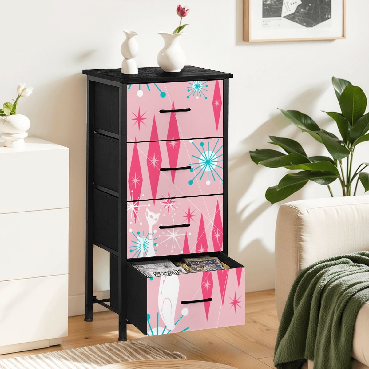 Mid Century Modern Atomic Cat Pink Starburst 4-Drawer Dresser - Mid Century Modern Gal