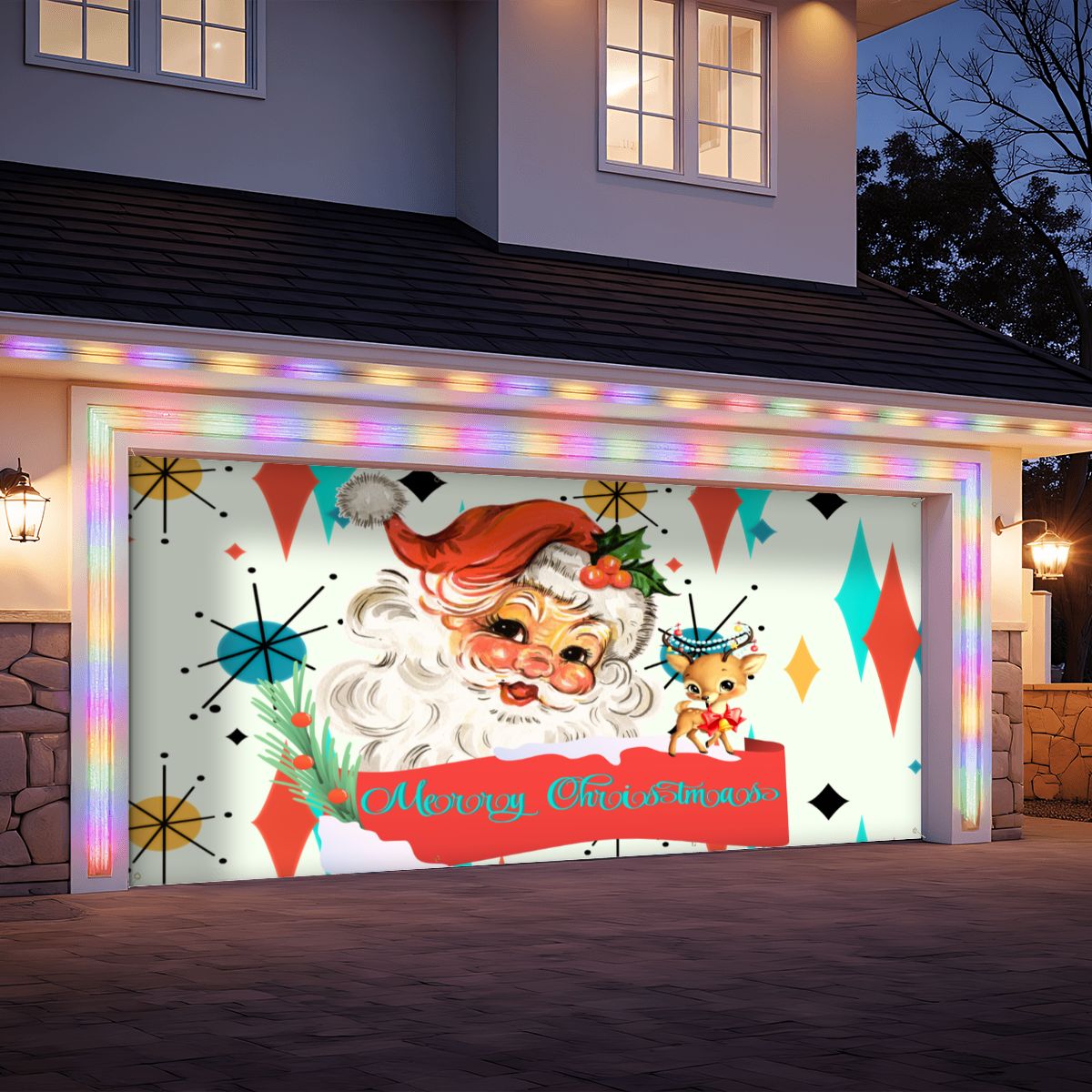 Vintage Smiling Santa, Reindeer Merry Christmas Retro Christmas Franciscan Starburst Garage Door Banner Backdrop - Mid Century Modern Gal