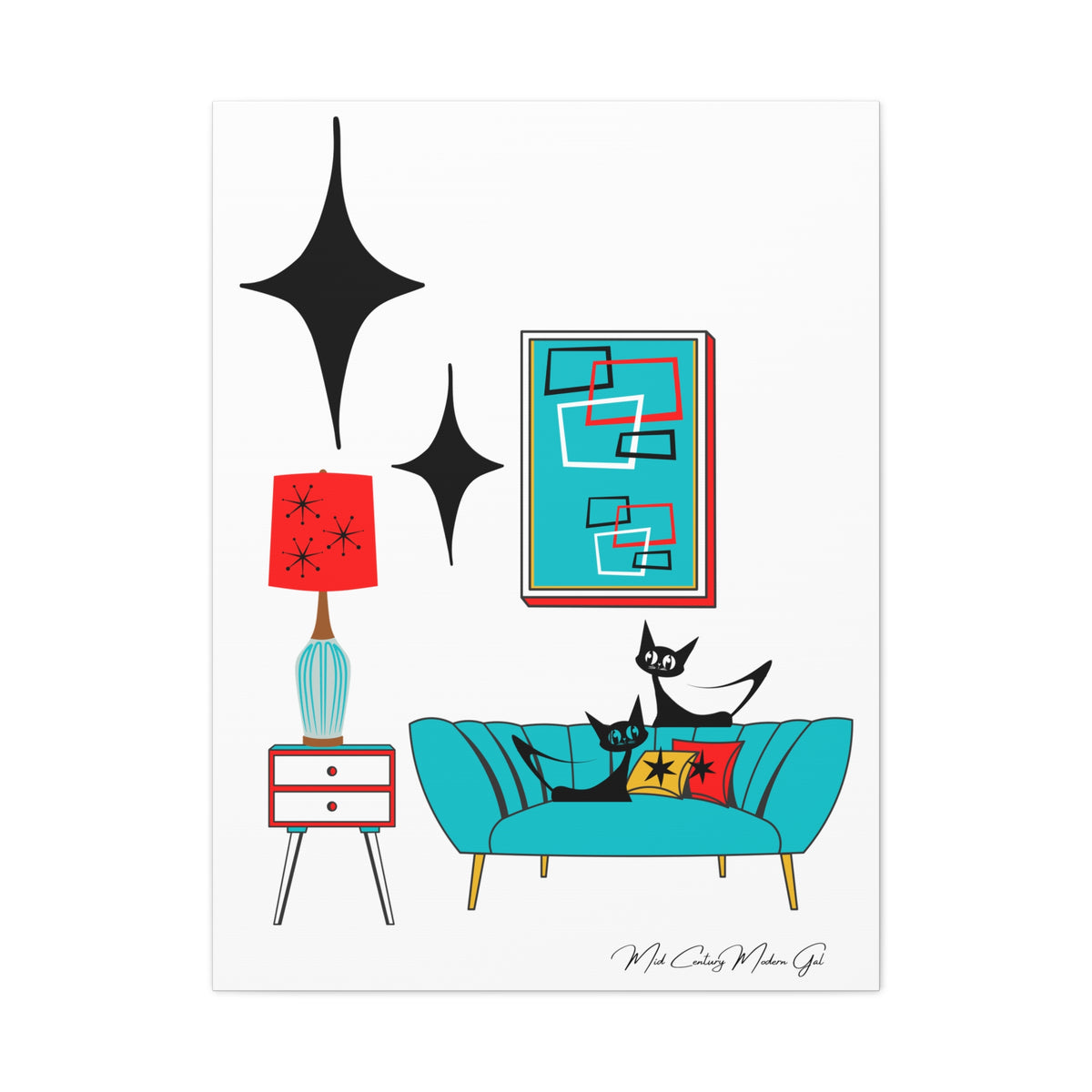 Mid Century Modern Wall Art, Atomic Cat Living Room Retro. Teal Blue, Red, Black Canvas Art - Mid Century Modern Gal