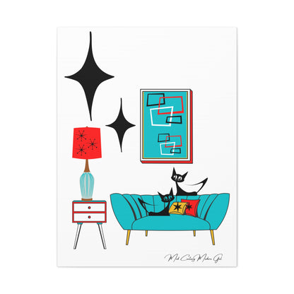 Mid Century Modern Wall Art, Atomic Cat Living Room Retro. Teal Blue, Red, Black Canvas Art - Mid Century Modern Gal