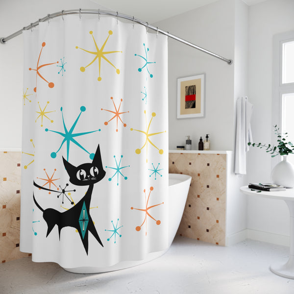 Atomic Cat Starbursts Atomic Mid Mod Colorful Retro Cat Shower Curtain - Fun Bathroom Decor