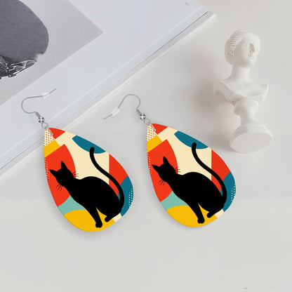 Pop Art Black Atomic Cats, Red Blue Yellow, Vegan Leather Teardrop Earrings - Mid Century Modern Gal