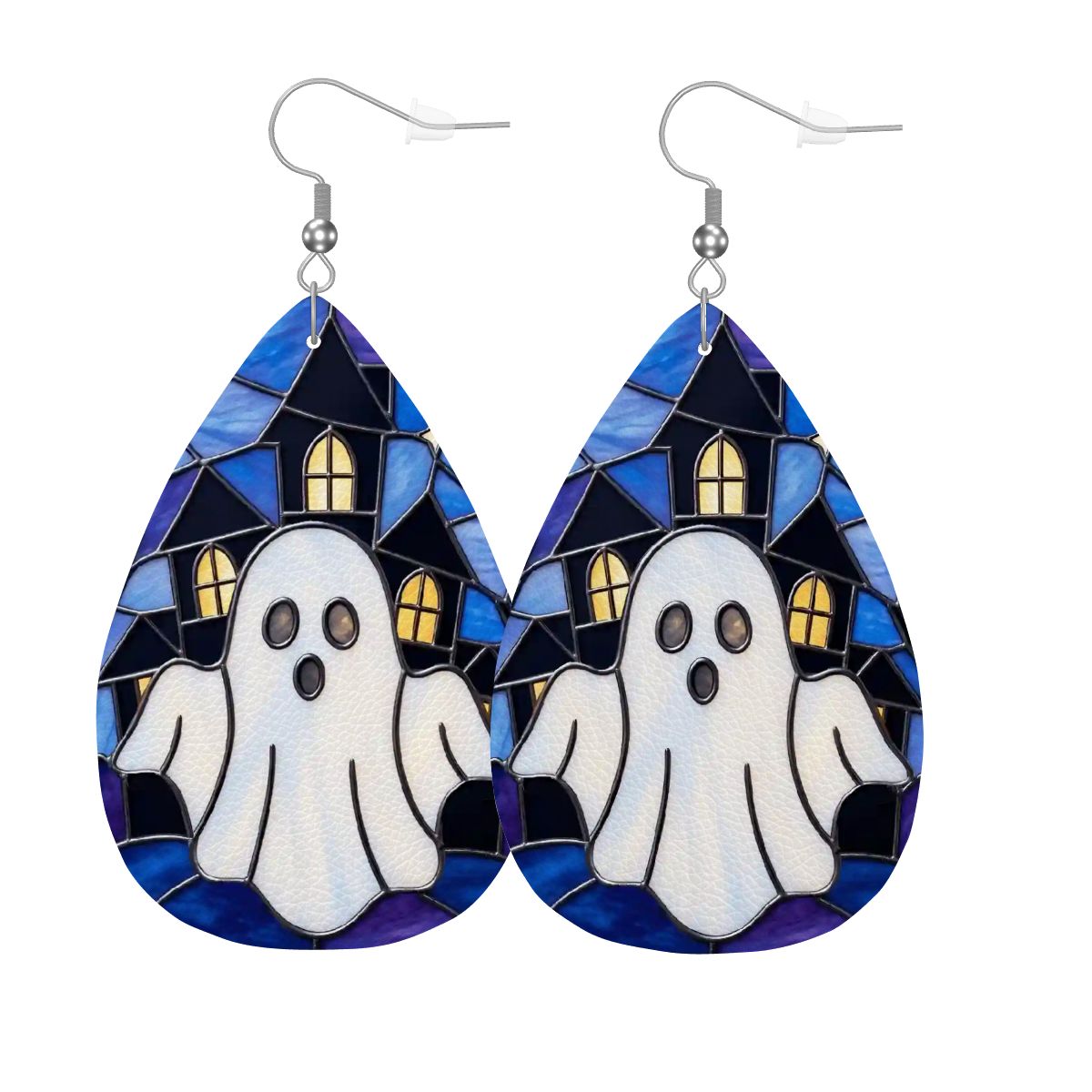 Halloween Stained Glass Style Ghost Haunted House Vegan Leather Teardrop Earrings