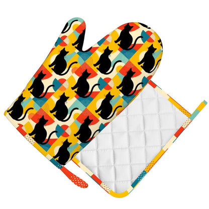 Pop Art Black Atomic Cats, Red Blue Yellow, Silicone Oven Mitts and Pot Holders Sets (Right Hand) - Mid Century Modern Gal
