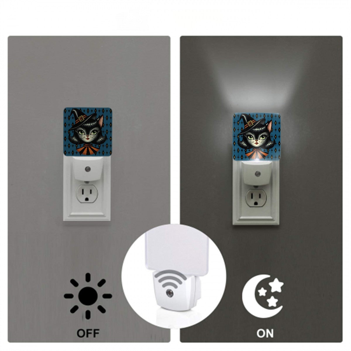 Vintage Halloween Black Cat Sexy Sexton Mid Century Modern Blue LED Night Light Set of 2 - Mid Century Modern Gal