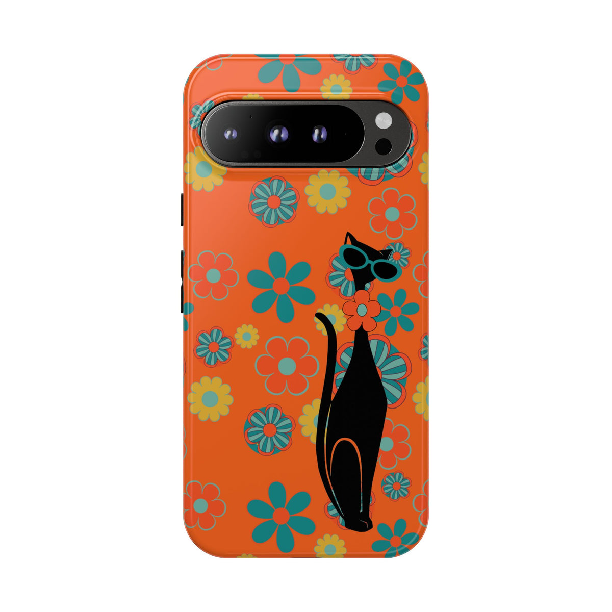 Flower Power, Retro Groovy Atomic Cat, Hipster Style Orange Samsung Galaxy and Google Pixel Tough Cases - Mid Century Modern Gal