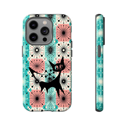Atomic Kitschy Cat, Mid Century Modern Pink, Aqua Starbursts Tough Phone Case