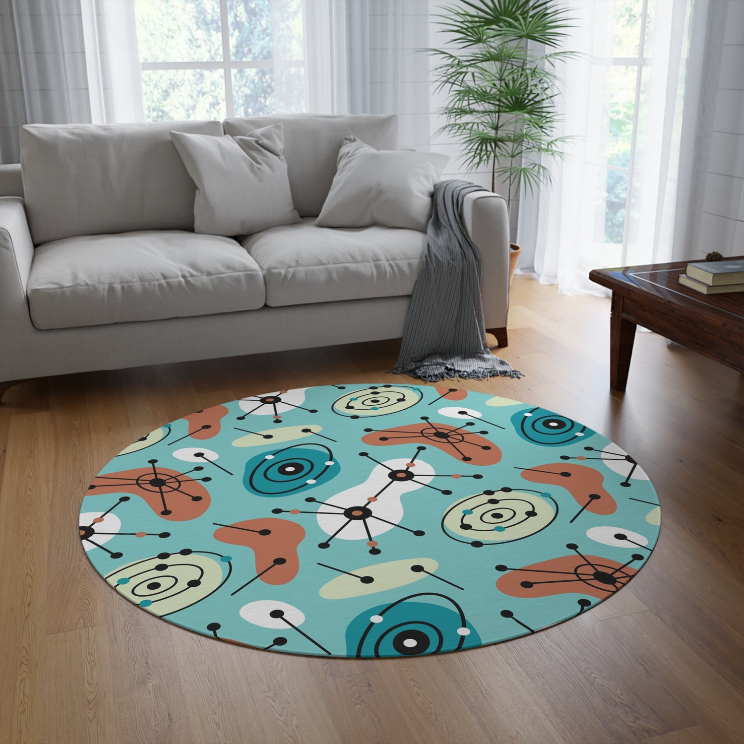 Mid Century Modern Geometric Aqua Blue Amoeba MCM Round Rug ...