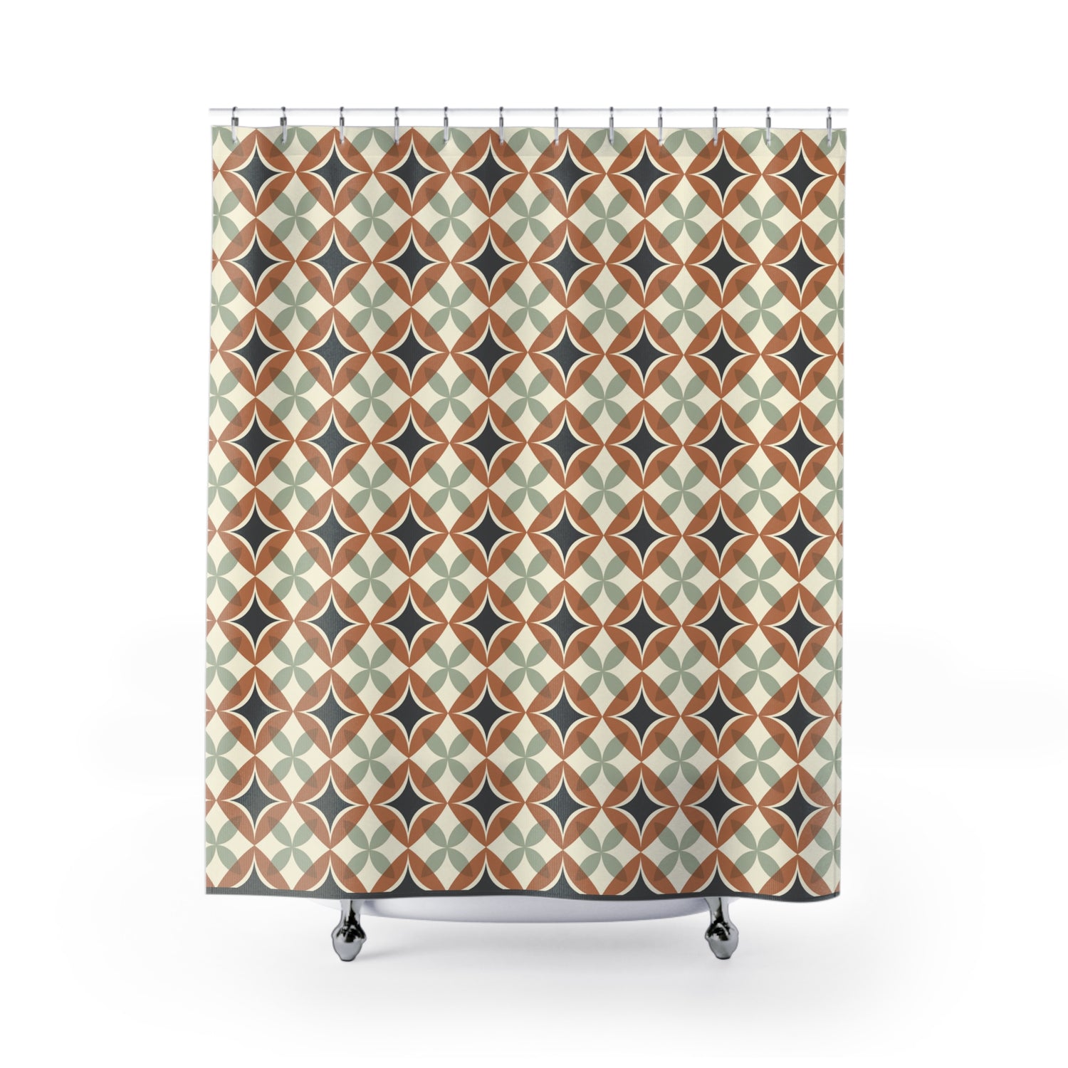 Mid Century Modern Interlocking Geometric, Terracotta Sage Charcoal Shower Curtain - Mid Century Modern Gal