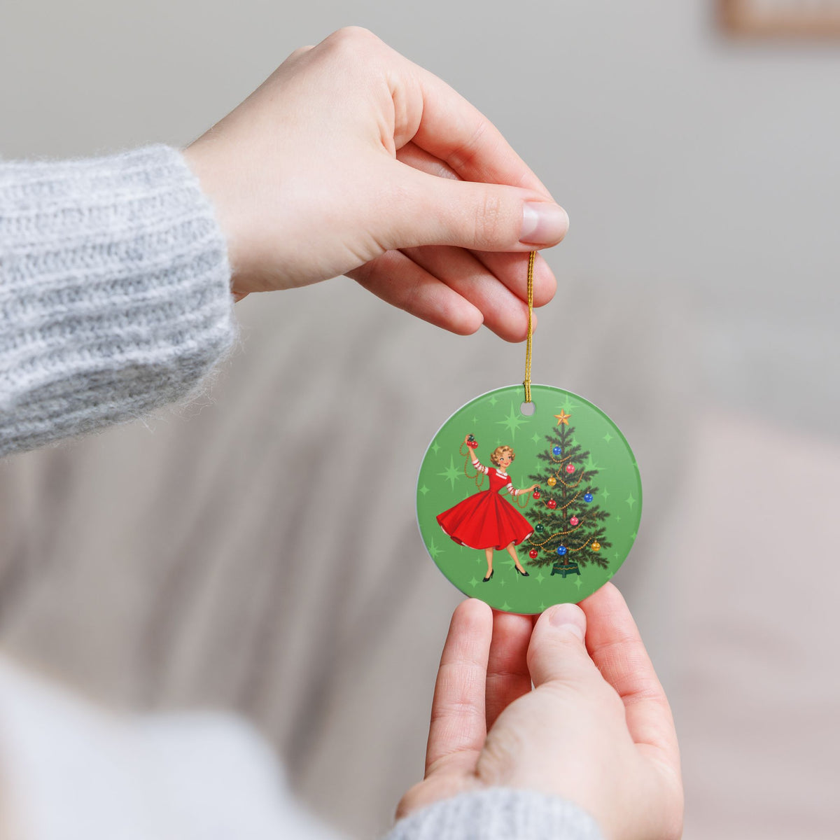Mid Century Modern Gal Decorating Christmas Tree, Green Atomic Starbursts Ceramic Christmas Tree Ornament - Mid Century Modern Gal