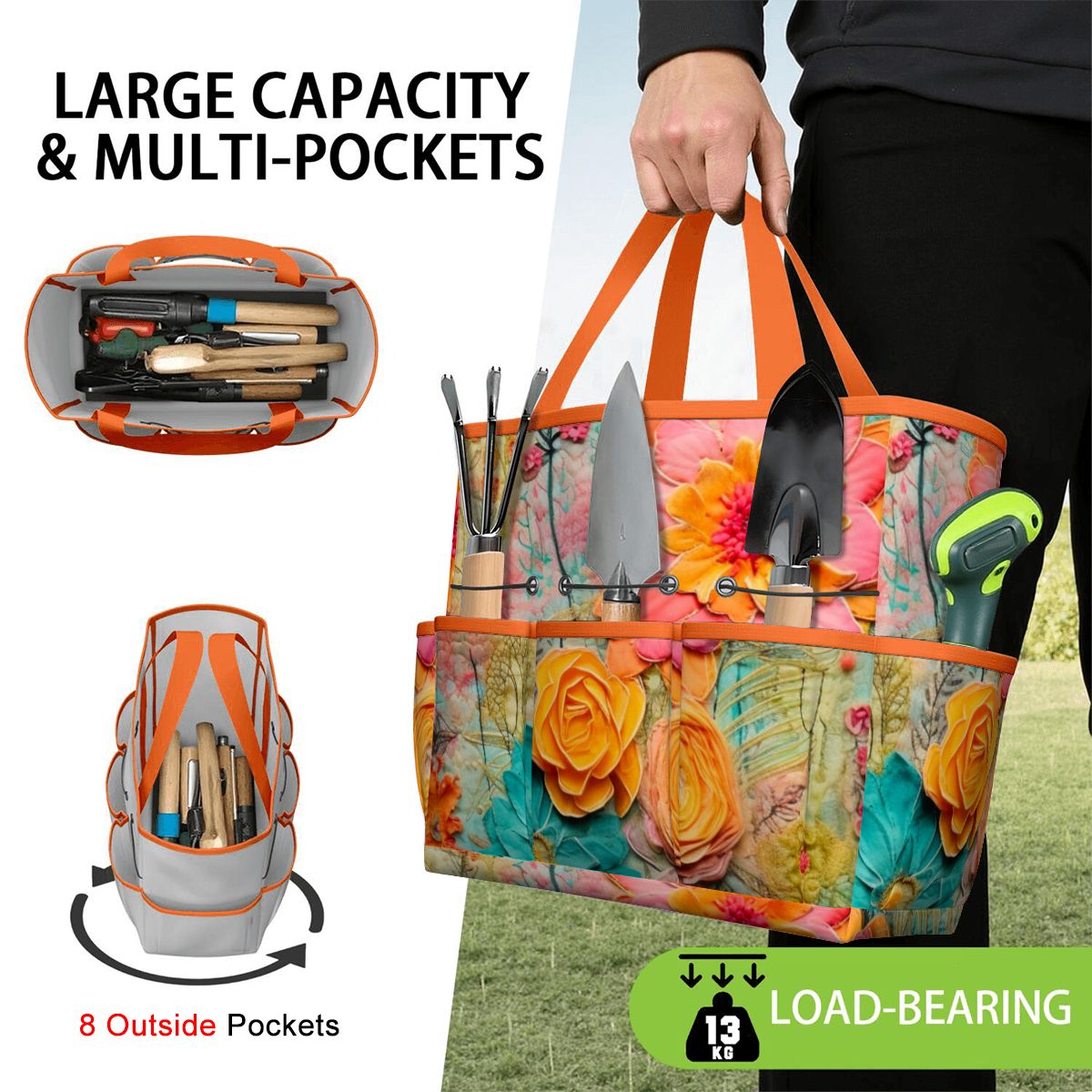 Bohemian Retro Flower, Faux Pressed Floral Mod Garden Tool Bag