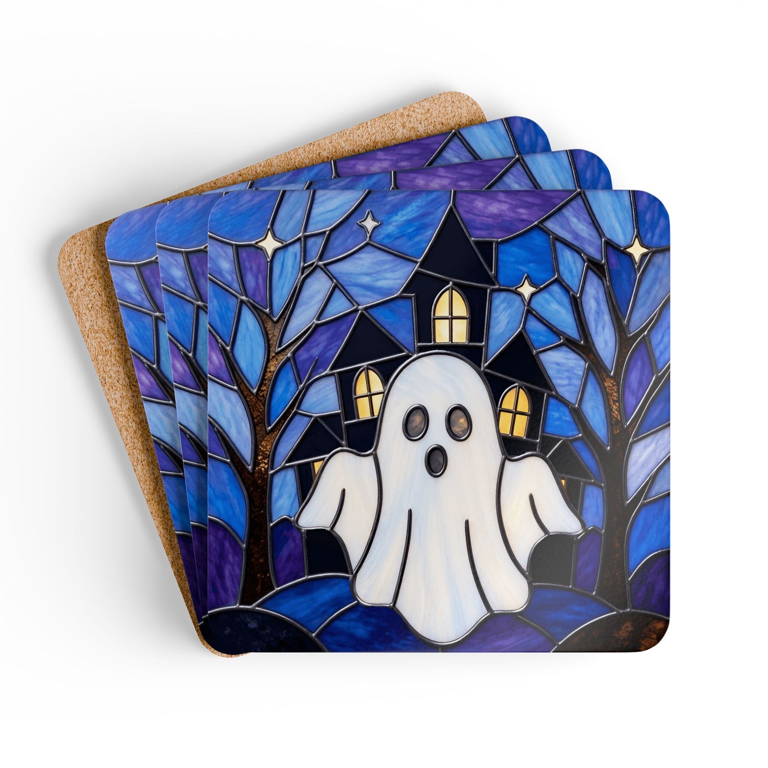 Halloween Stained Glass Style Ghost Haunted House Corkwood Coaster Set