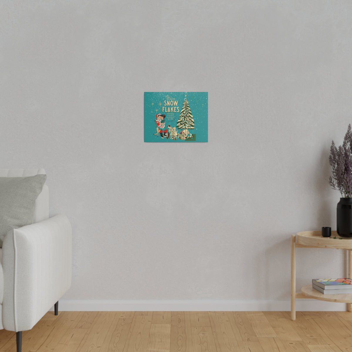 Mid Century Modern Kitschy Christmas Mantel Wall Art, Teal Blue, Mica Snow 50s Mod Couple Christmas Scene Canvas Art - Mid Century Modern Gal