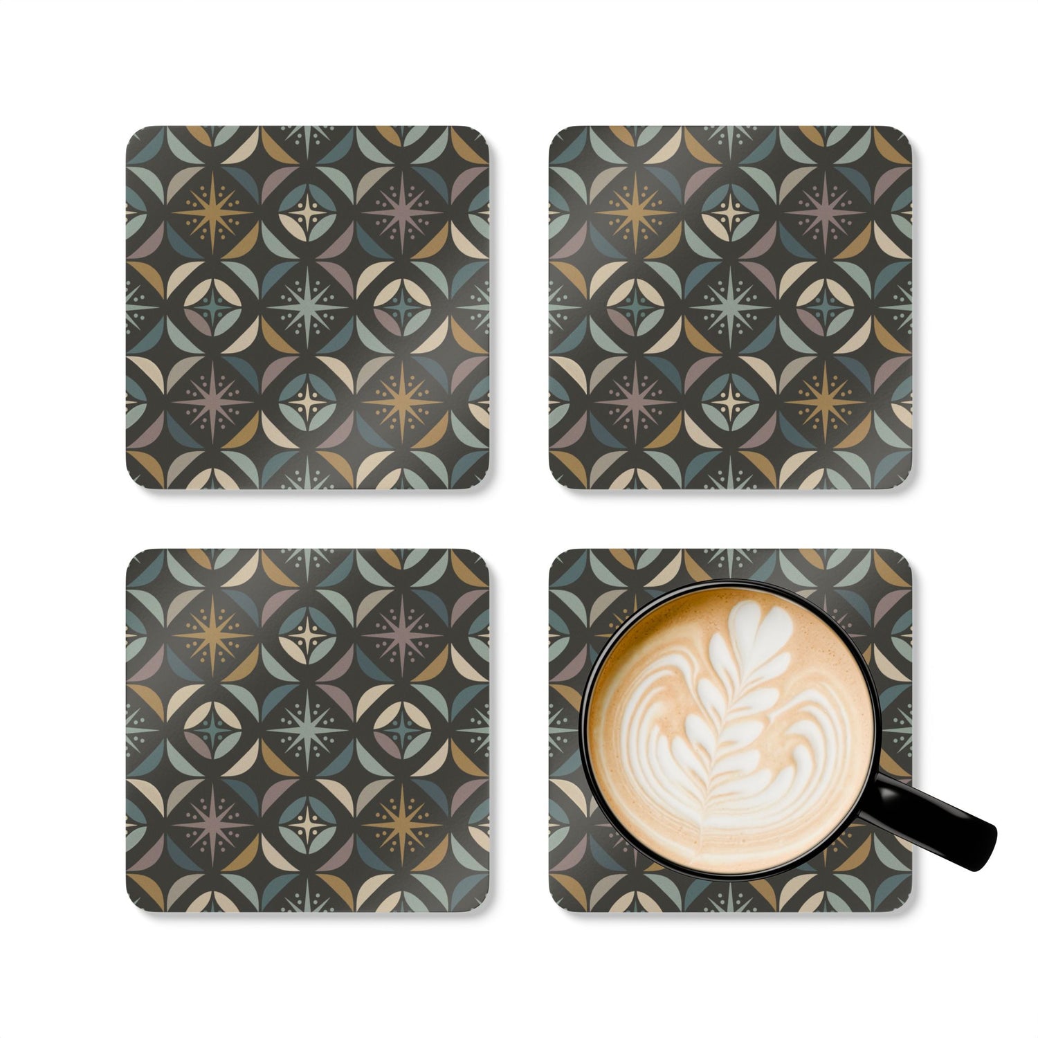 Mid Century Modern Elegant Gray Geometric Starburst Corkwood Coaster Set - Mid Century Modern Gal