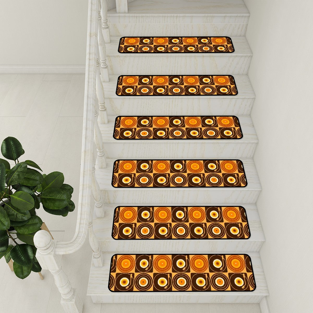Groovy Retro Record Players, Brown Orange Yellow, Non Slip Carpet for Stairs Treads - Mid Century Modern Gal