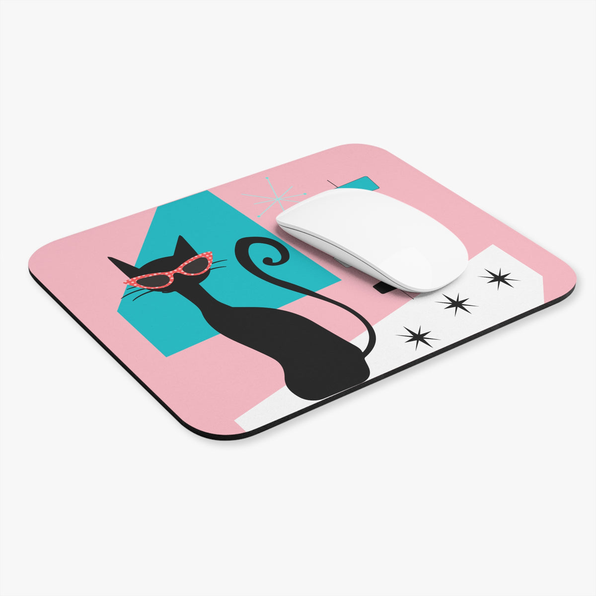 Atomic 50's Mod Cat, Retro Office, Desk Cubicle, Mid Mod, Pink, Aqua Blue, Mouse Pad (Rectangle) - Mid Century Modern Gal