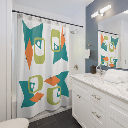 Mid Century Modern Geometric Shower Curtain, Orange, Green, Teal- Stylish Bathroom Decor - Mid Century Modern Gal