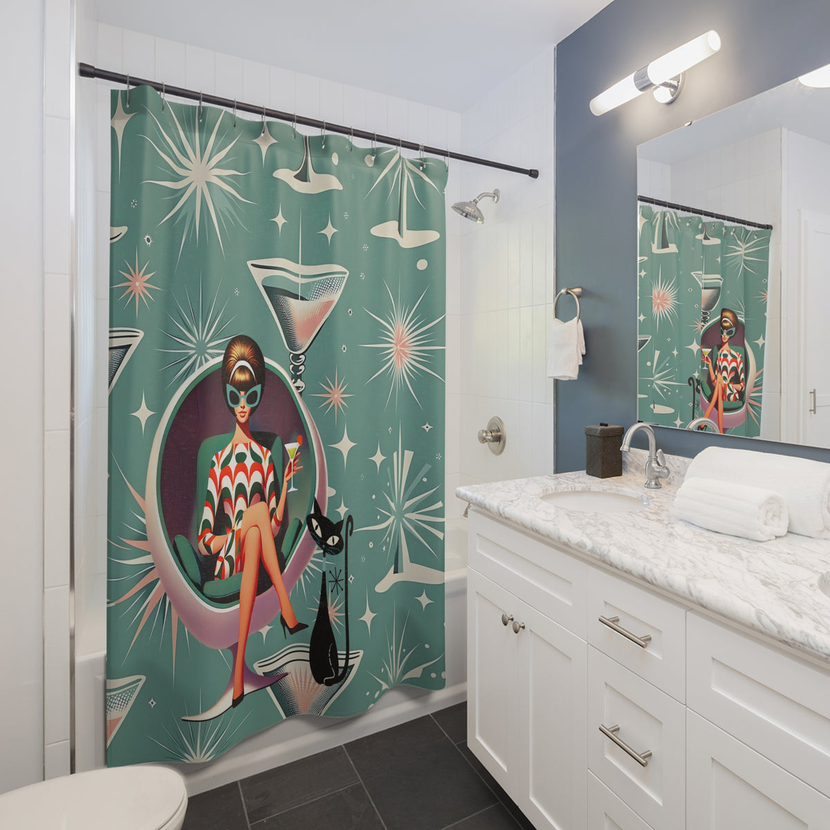 Retro Mod Gal 60s Glamour Shower Curtain with Cocktail Design - Mid Century Modern Gal