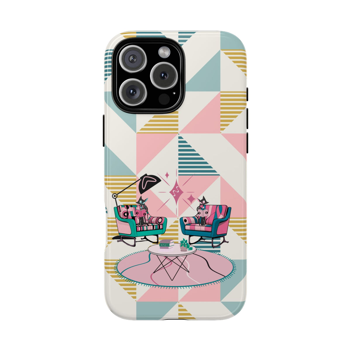 Atomic Cats Reading, Book Talk, Book Lover, Retro Chic Phone Case with Retro Vibe - Cozy Living Room Design - Mid Century Modern Gal