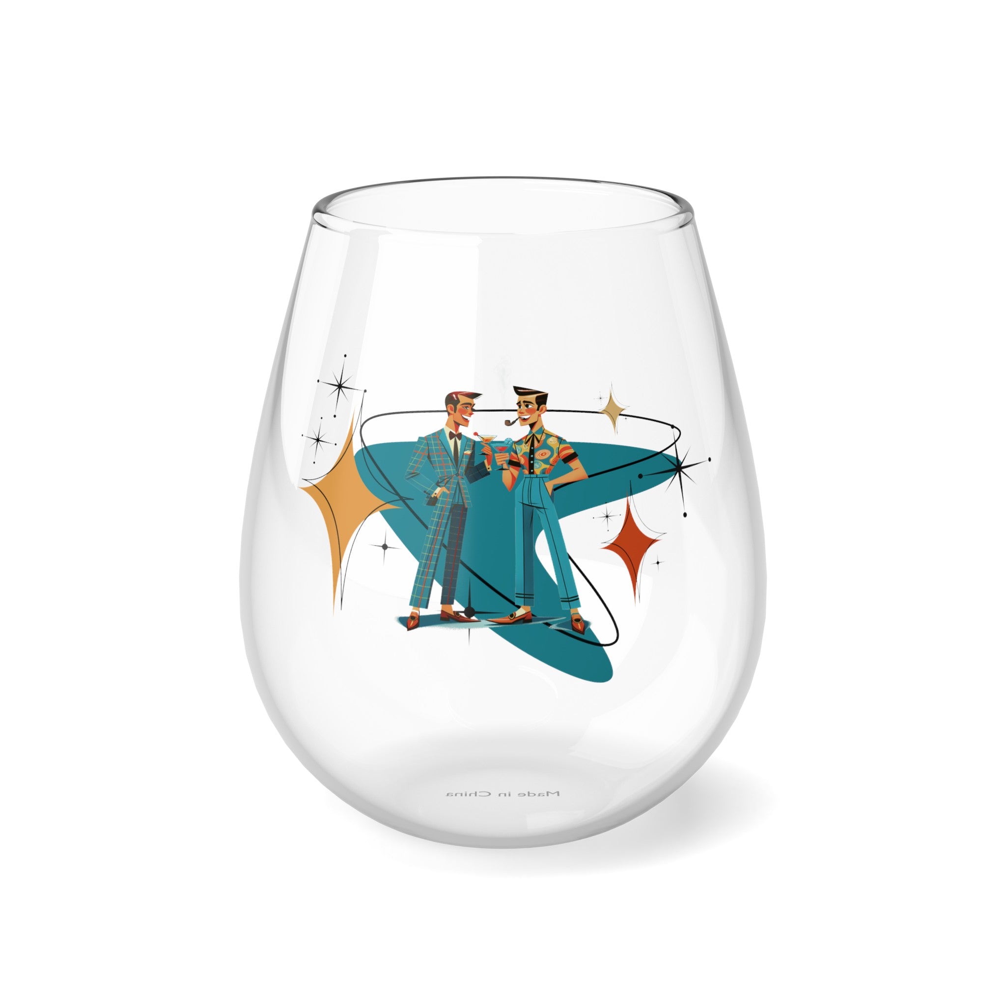 Mid Mod Gentleman, Atomic 50s Style Stemless Wine Glass, 11.75oz