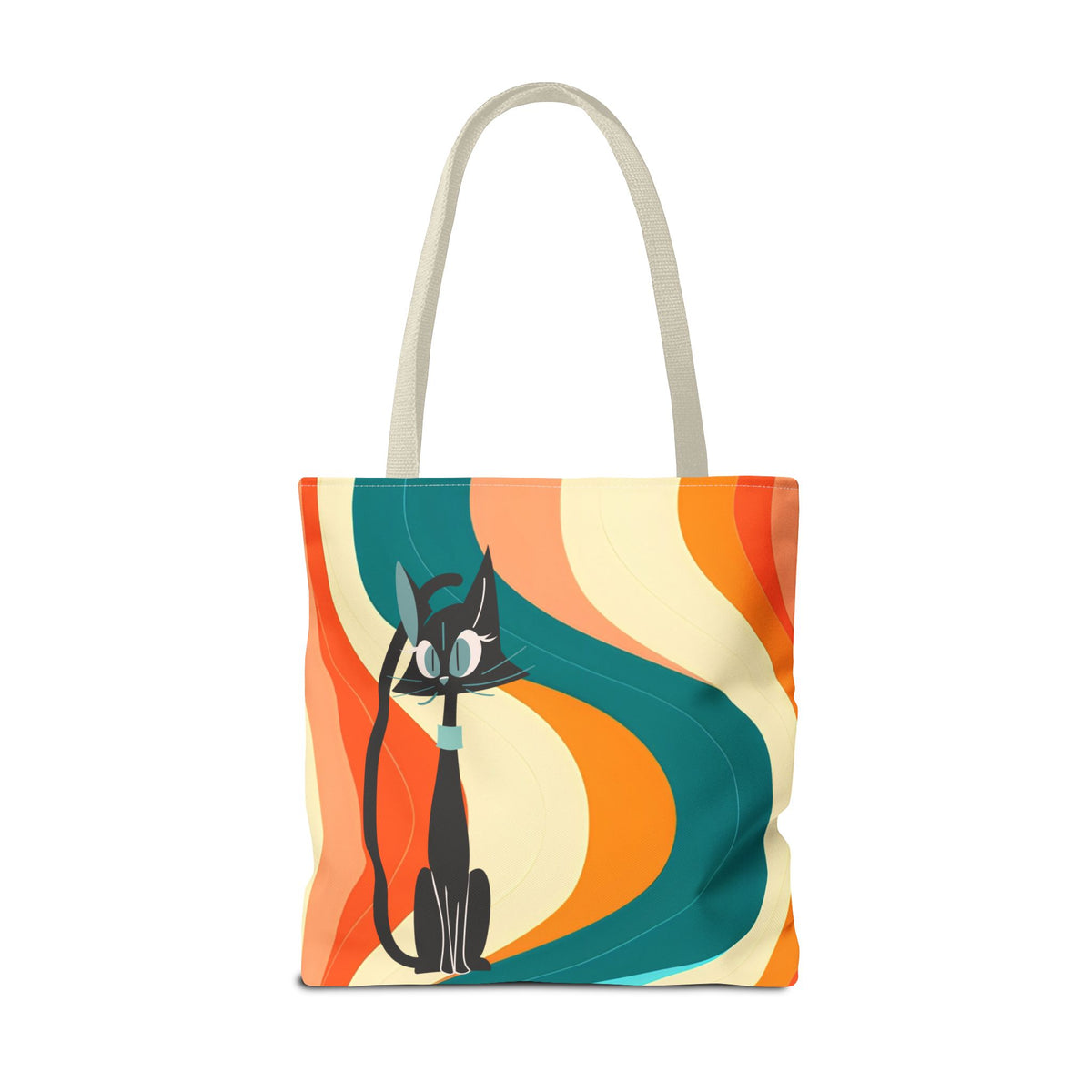 Atomic Cat Mid Mod tote bag featuring a playful black cat design against vibrant retro swirls in orange and teal.
