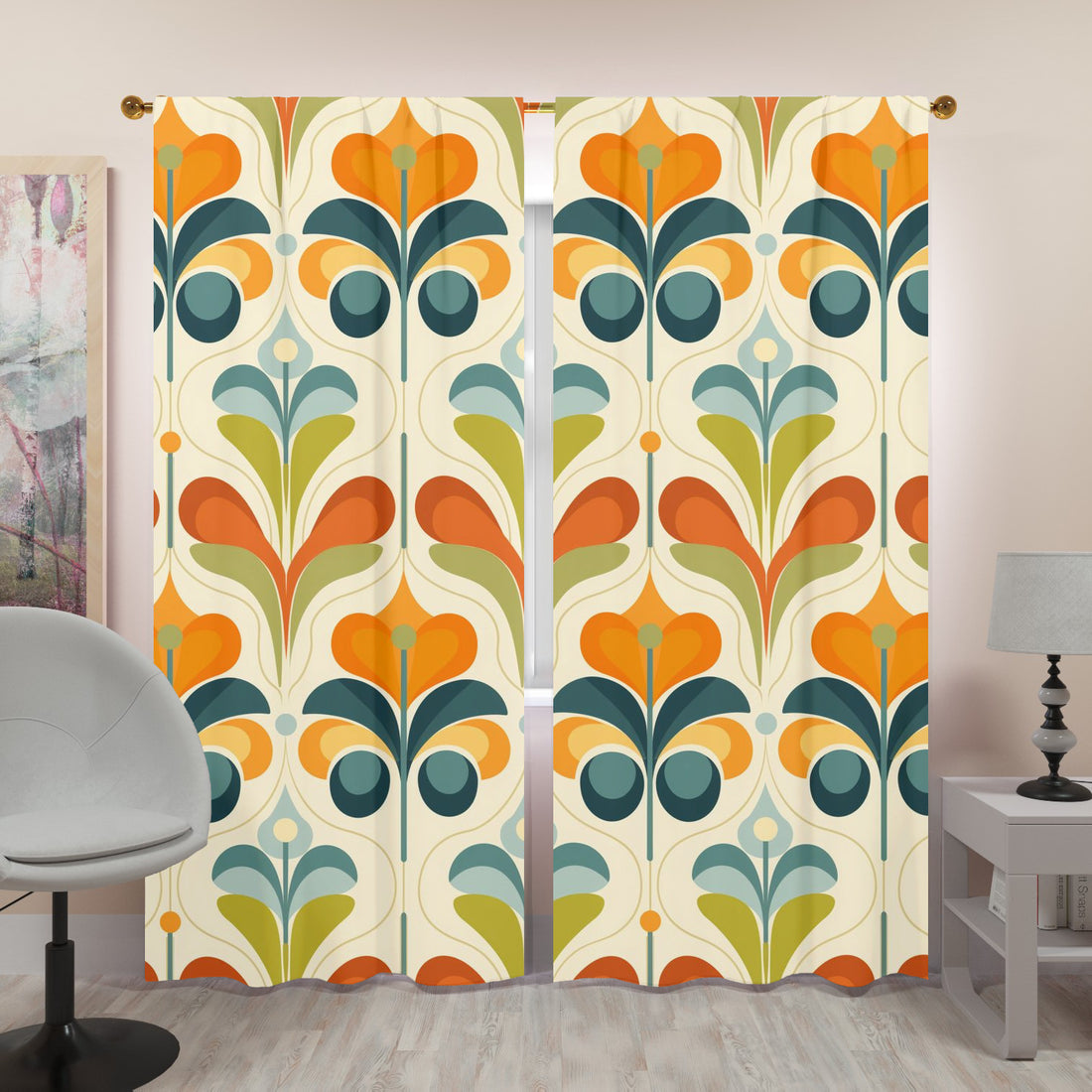 Scandinavian Flower Design, Orange, Green Blue Mid Century Modern Window Curtains (two panels) - Mid Century Modern Gal