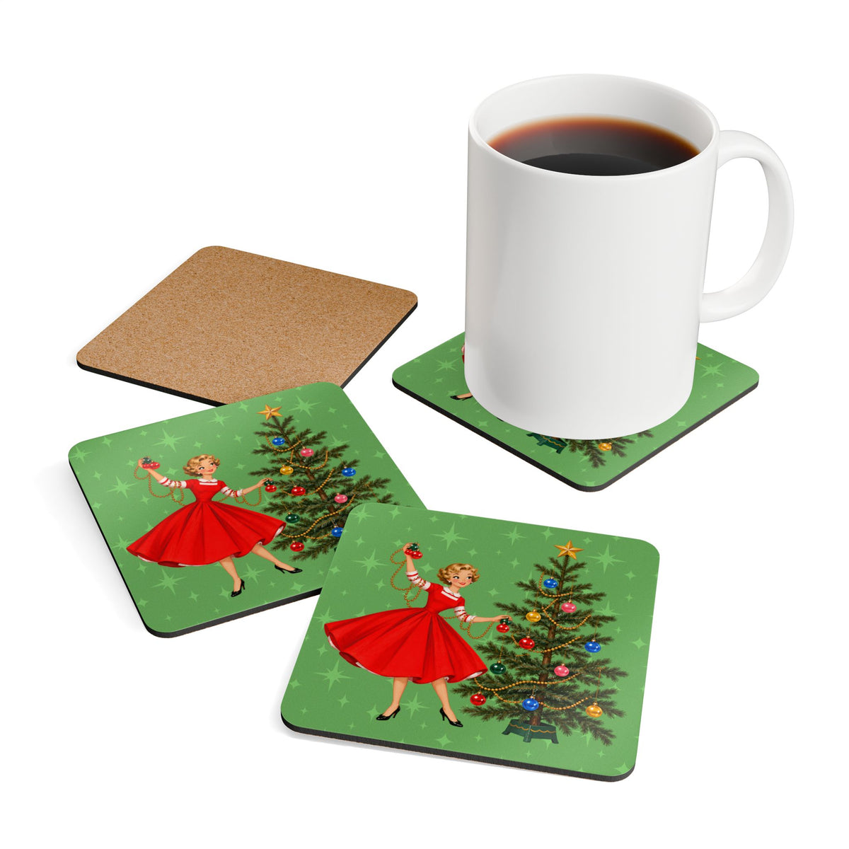 Mid Century Modern Gal Decorating Christmas Tree, Green Atomic Starbursts Corkwood Coaster Set