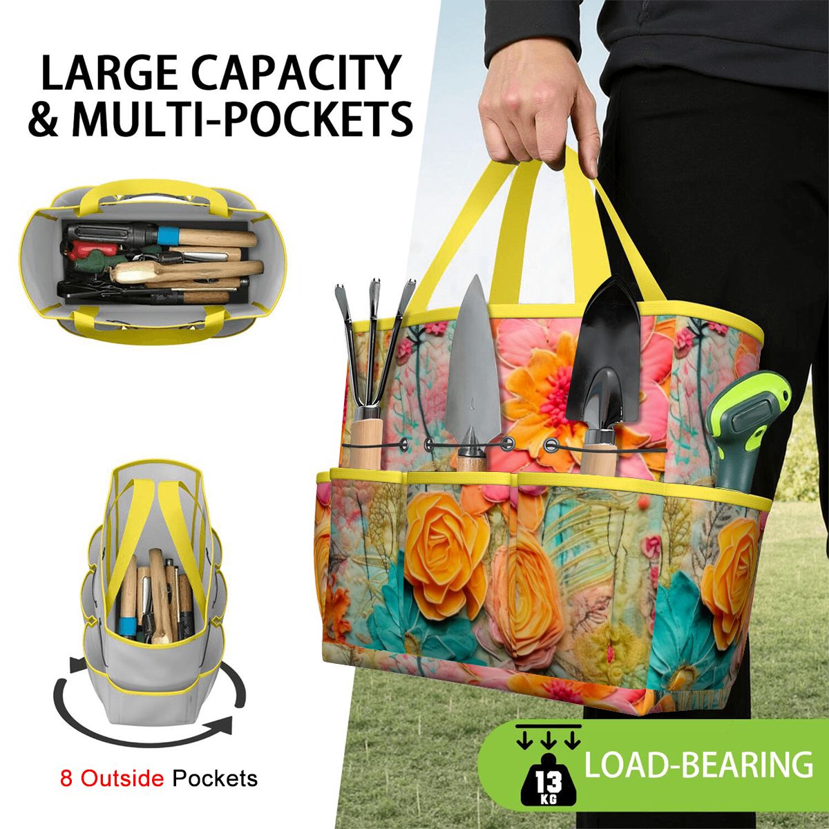 Bohemian Retro Flower, Faux Pressed Floral Mod Garden Tool Bag
