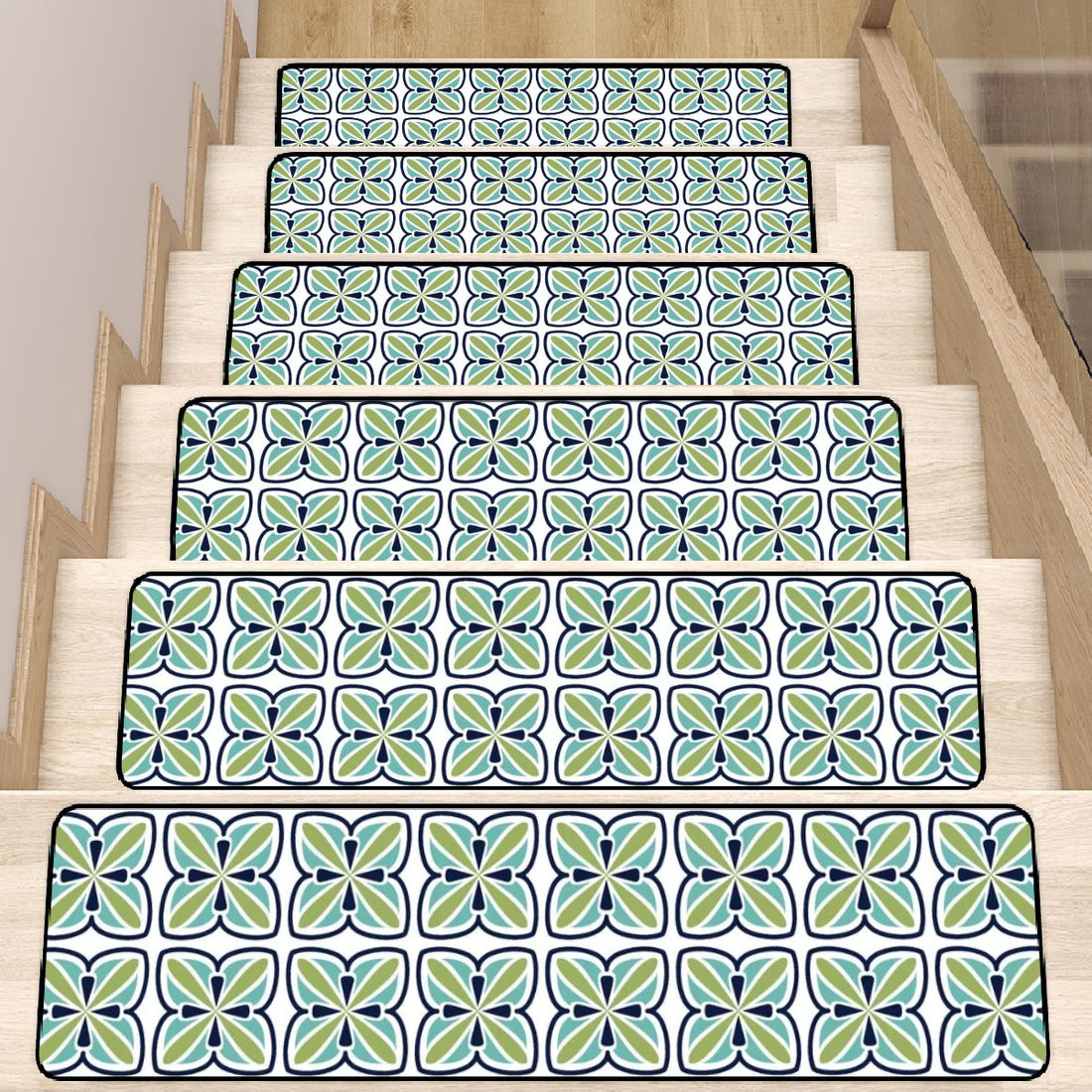 Scandinavian Blue Green White, Mid Mod Carpet Stair Treads