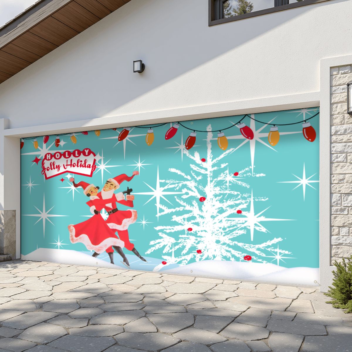 Holly Jolly Holiday 50s Kitschy Vintage Christmas Garage Door Banner Backdrop - Mid Century Modern Gal