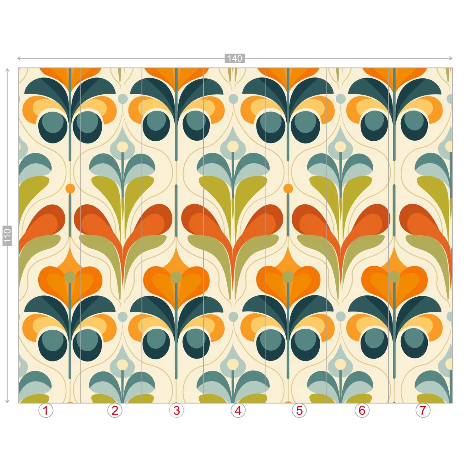 Scandinavian Floral Orange Blue, Green, Mid Mod Peel And Stick Wall Murals - Mid Century Modern Gal