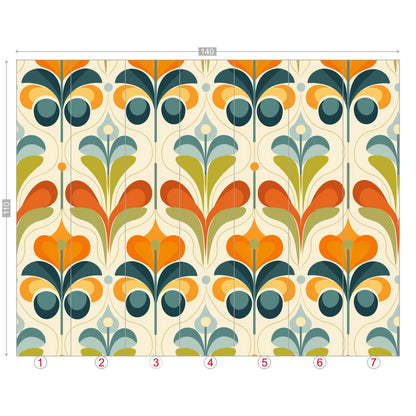 Scandinavian Floral Orange Blue, Green, Mid Mod Peel And Stick Wall Murals - Mid Century Modern Gal