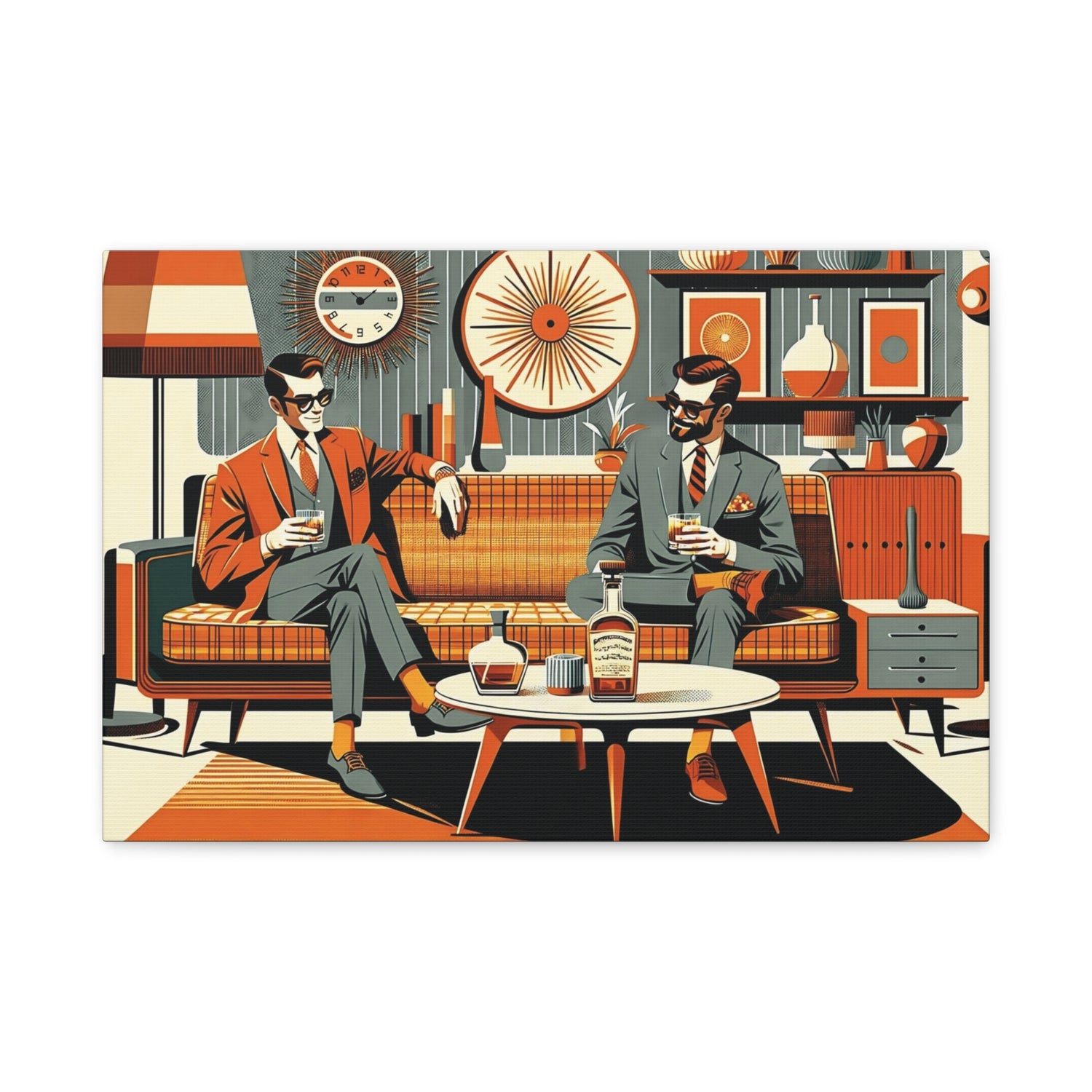 Mid Century Modern Mod Dude, Gay Male Couple Drinking Bourbon, MCM Art