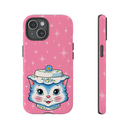 Mid Century Modern Kitschy Anthropomorphic Blue Cat with Floral Hat Tough Phone Case