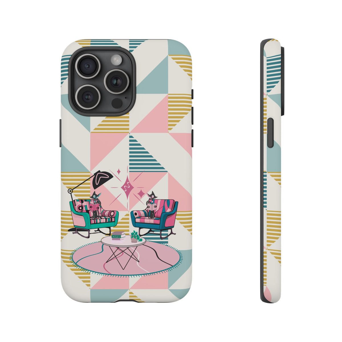 Atomic Cats Reading, Book Talk, Book Lover, Retro Chic Phone Case with Retro Vibe - Cozy Living Room Design - Mid Century Modern Gal