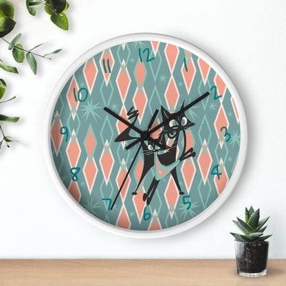 Retro Kitchen Wall Clock For Atomic Cat Black Cat Lovers, Mid Century Modern Designed, Teal, Pink Harlequin Diamond Designed MCM Clock