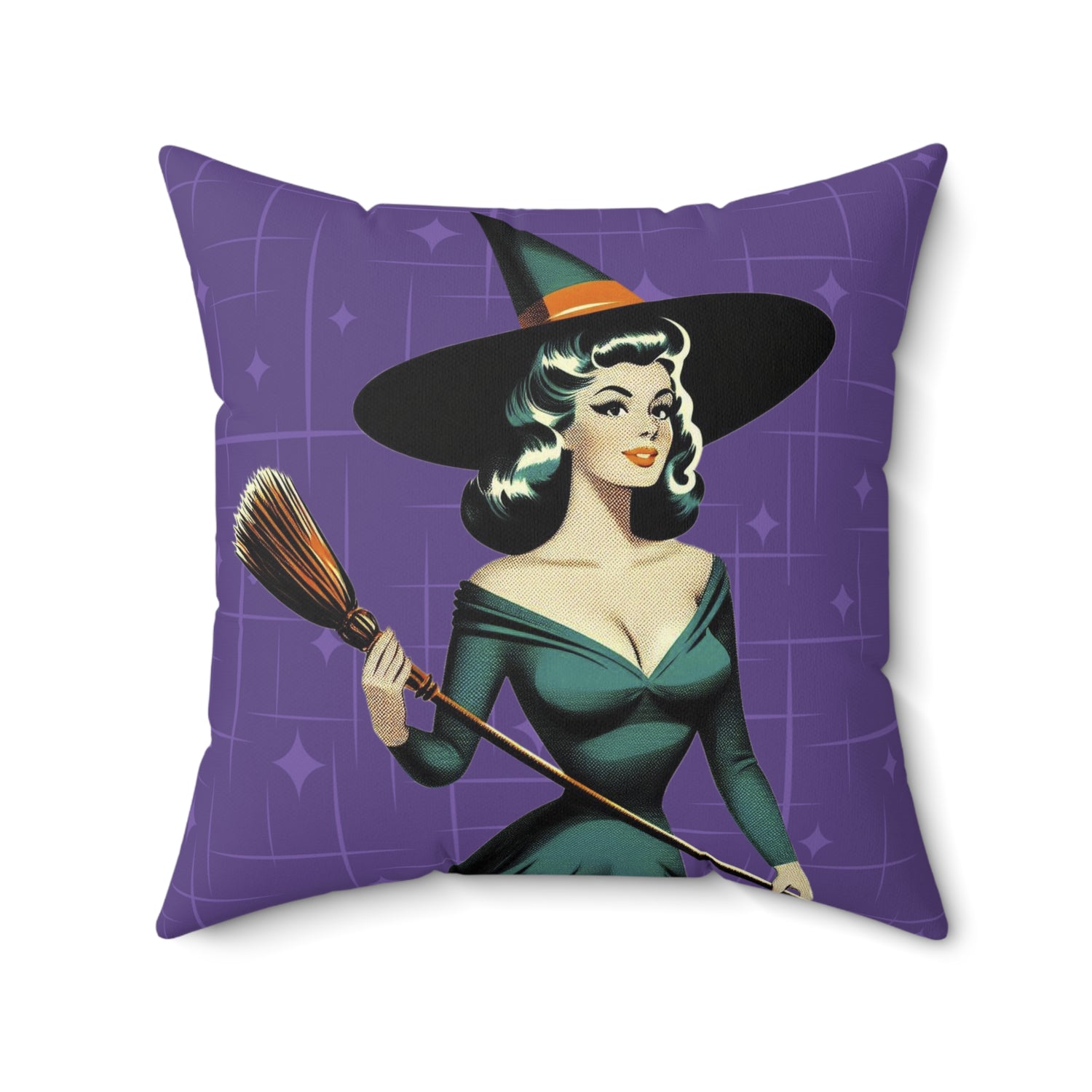 Mid Century Modern Vintage Pin Up Witch Halloween Purple Teal Halloween Pillow Cover and Insert - Mid Century Modern Gal