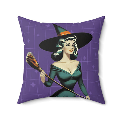 Mid Century Modern Vintage Pin Up Witch Halloween Purple Teal Halloween Pillow Cover and Insert - Mid Century Modern Gal