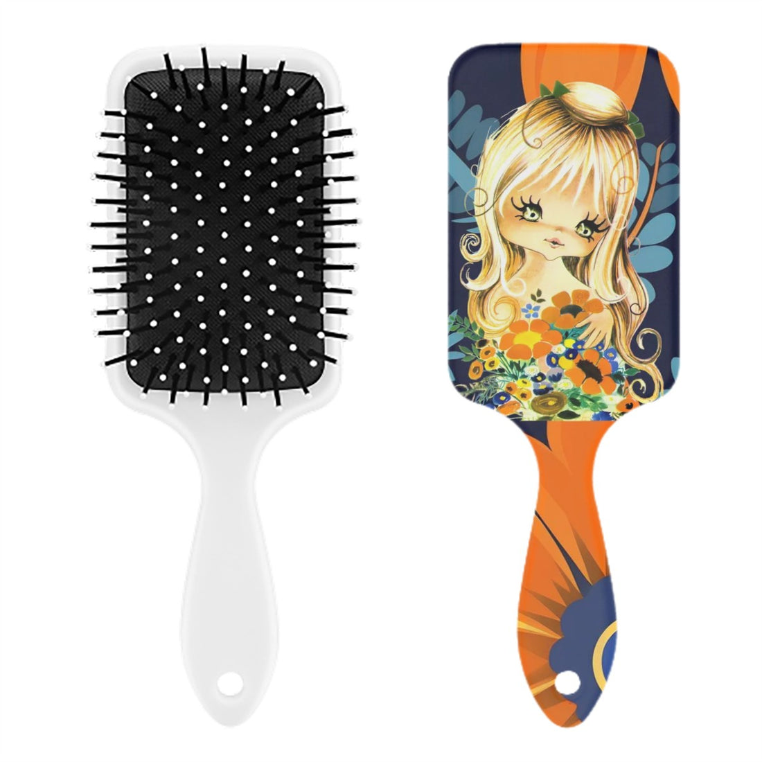 Retro 70s Big Eyed Gal, Groovy Air Cushion Hair Brush - Mid Century Modern Gal