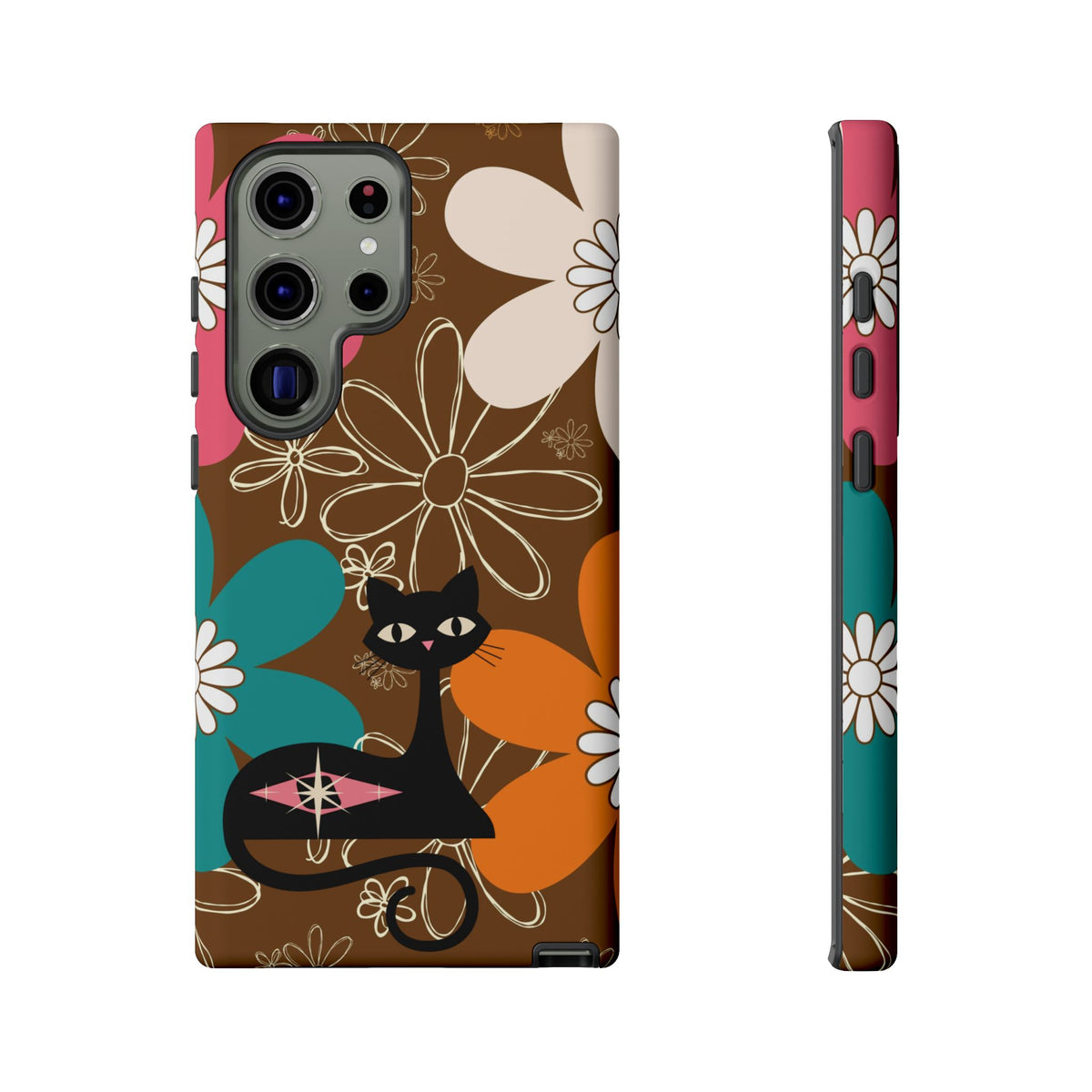 Atomic Cat Retro 70s Vibe Flower Power Tough Cases: Cute Floral and Cat Phone Case for Cat Lovers - Mid Century Modern Gal