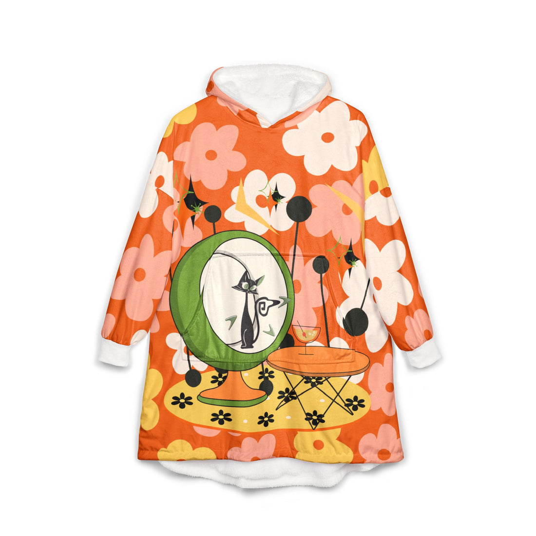 Atomic Kitschy Cat 70s Retro Floral Unisex Hooded Blanket - Cozy and Stylish - Mid Century Modern Gal