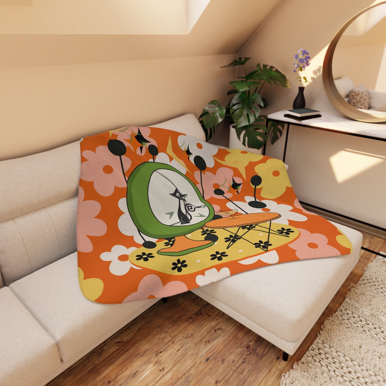 Atomic Cat Retro Orange Flower Power Mid Century Modern Kitschy Mod Cozy Blanket - Mid Century Modern Gal