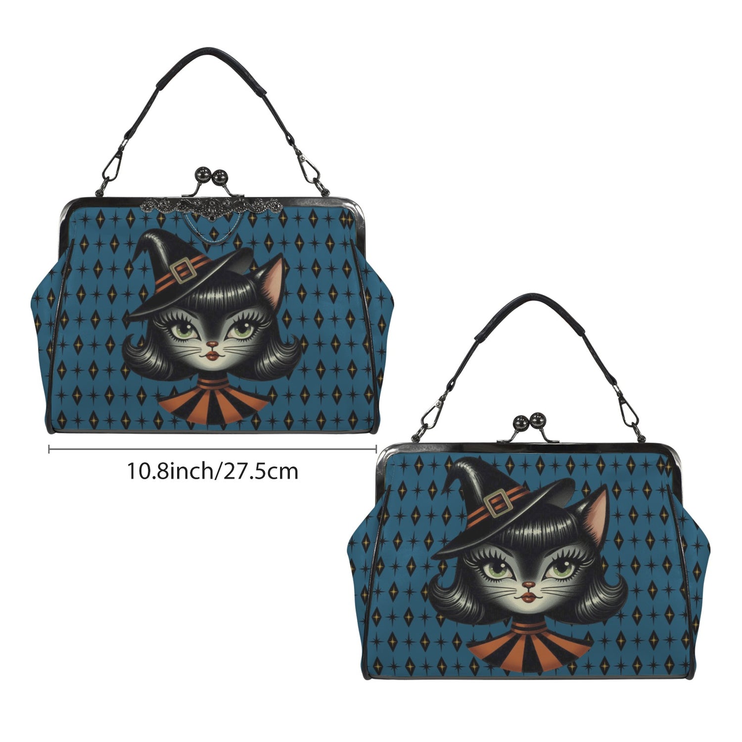 Vintage Halloween Black Cat Sexy Sexton Mid Century Modern Blue Kisslock Crossbody Purse - Mid Century Modern Gal