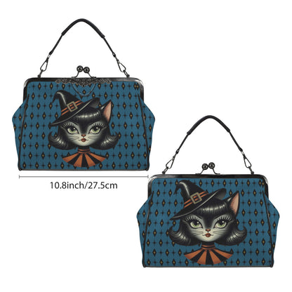 Vintage Halloween Black Cat Sexy Sexton Mid Century Modern Blue Kisslock Crossbody Purse - Mid Century Modern Gal