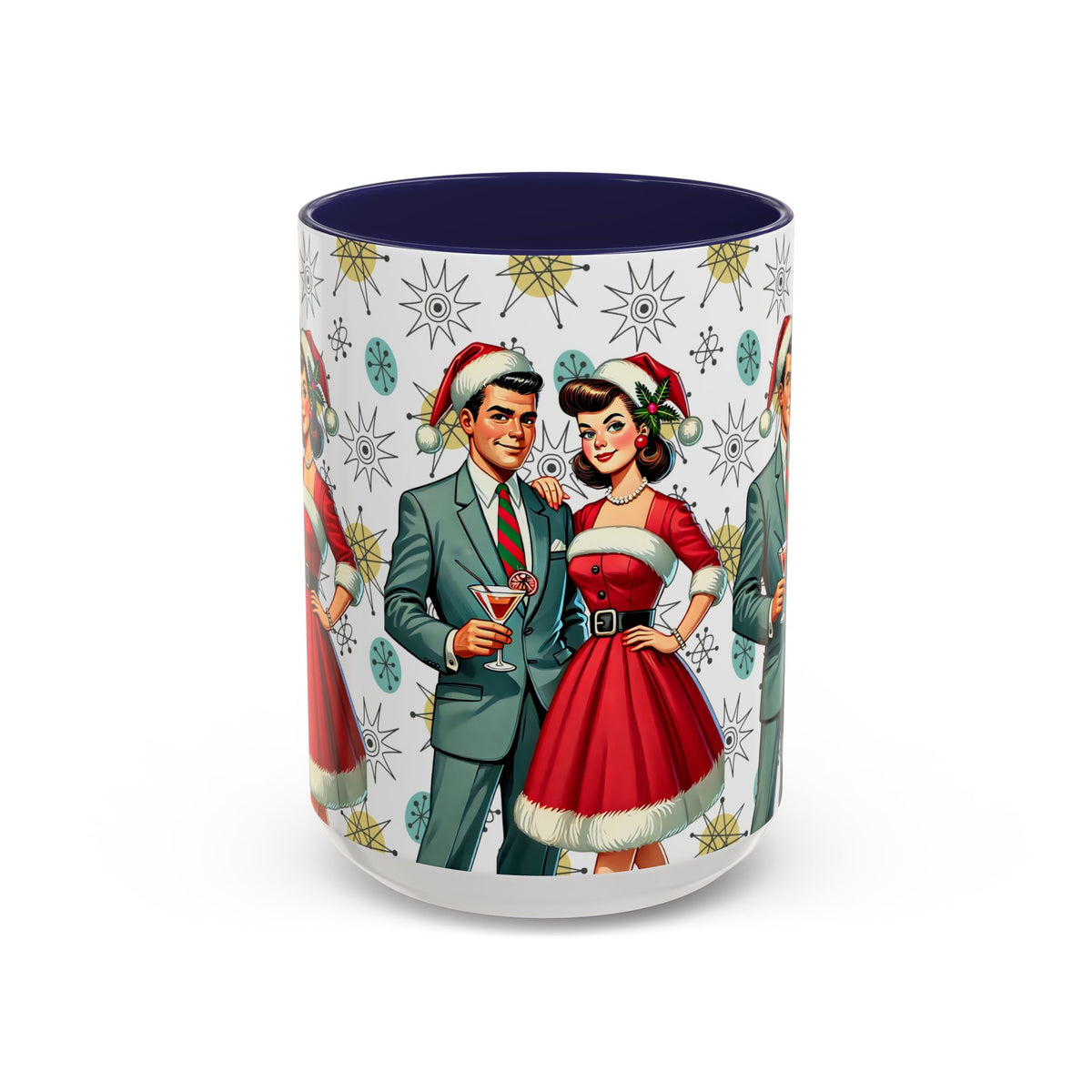 Mid Century Modern mug featuring a 50s Christmas design with a Franciscan Starburst pattern and retro couple in festive attire.