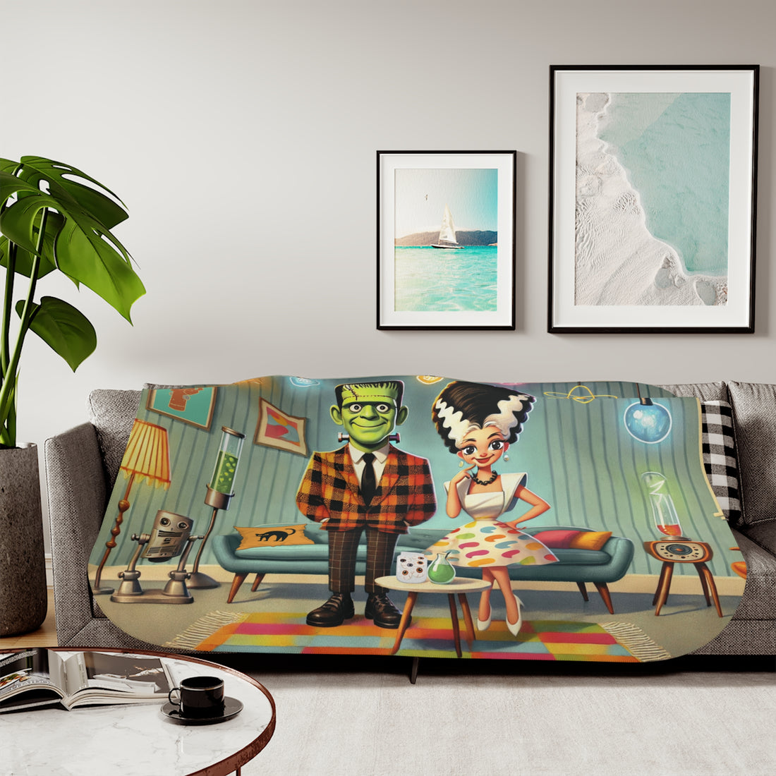 Frankenstein And Bride Retro Monster Sherpa Blanket - Cozy Design for Home Decor - Mid Century Modern Gal