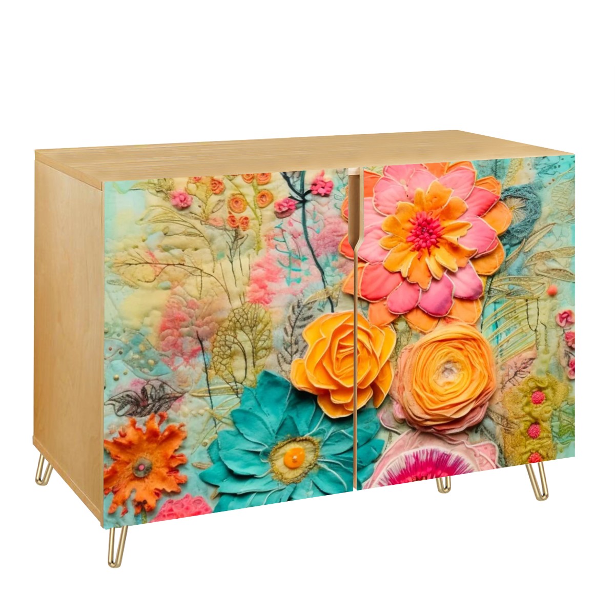 Bohemian Retro Flower, Faux Pressed Floral Mod Wooden Storage Cabinet - Mid Century Modern Gal